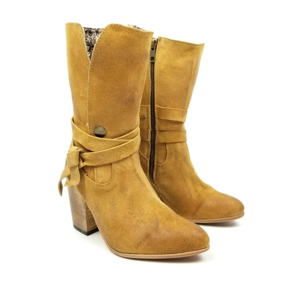 FREEBIRD by Steven Riot Tan Suede Tied Chunky Heel Ankle Cowgirl Boots Womens 6